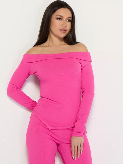 Fuchsia Two-Piece Set by Lauven featuring off-shoulder ribbed design, ideal for stylish women's outfits.