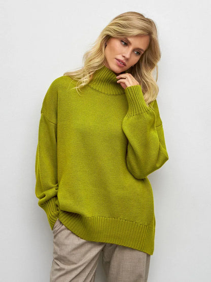 Vesper Sweater by Lauven - Oversized women's knit in vibrant pistachio color with high turtleneck for cozy fall style.