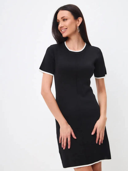 Solara Mini Dress by Lauven, women's sleek black mini dress with contrast trim and breathable knit fabric.