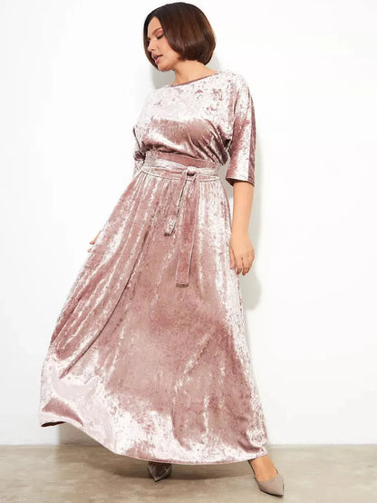 Rosalyn Maxi Dress by Lauven in soft pink velvet, featuring a relaxed fit and adjustable belt for elegant evening wear.