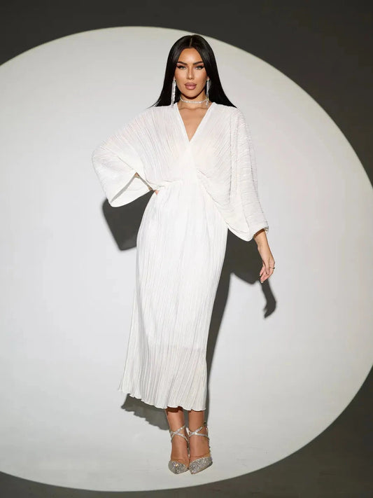 Selene Midi Dress by Lauven - Elegant pleated white dress with flowing silhouette and kimono sleeves.