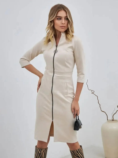 Sedona Mini Dress by Lauven in soft sculpted silhouette with a zip-front design and elegant styling.