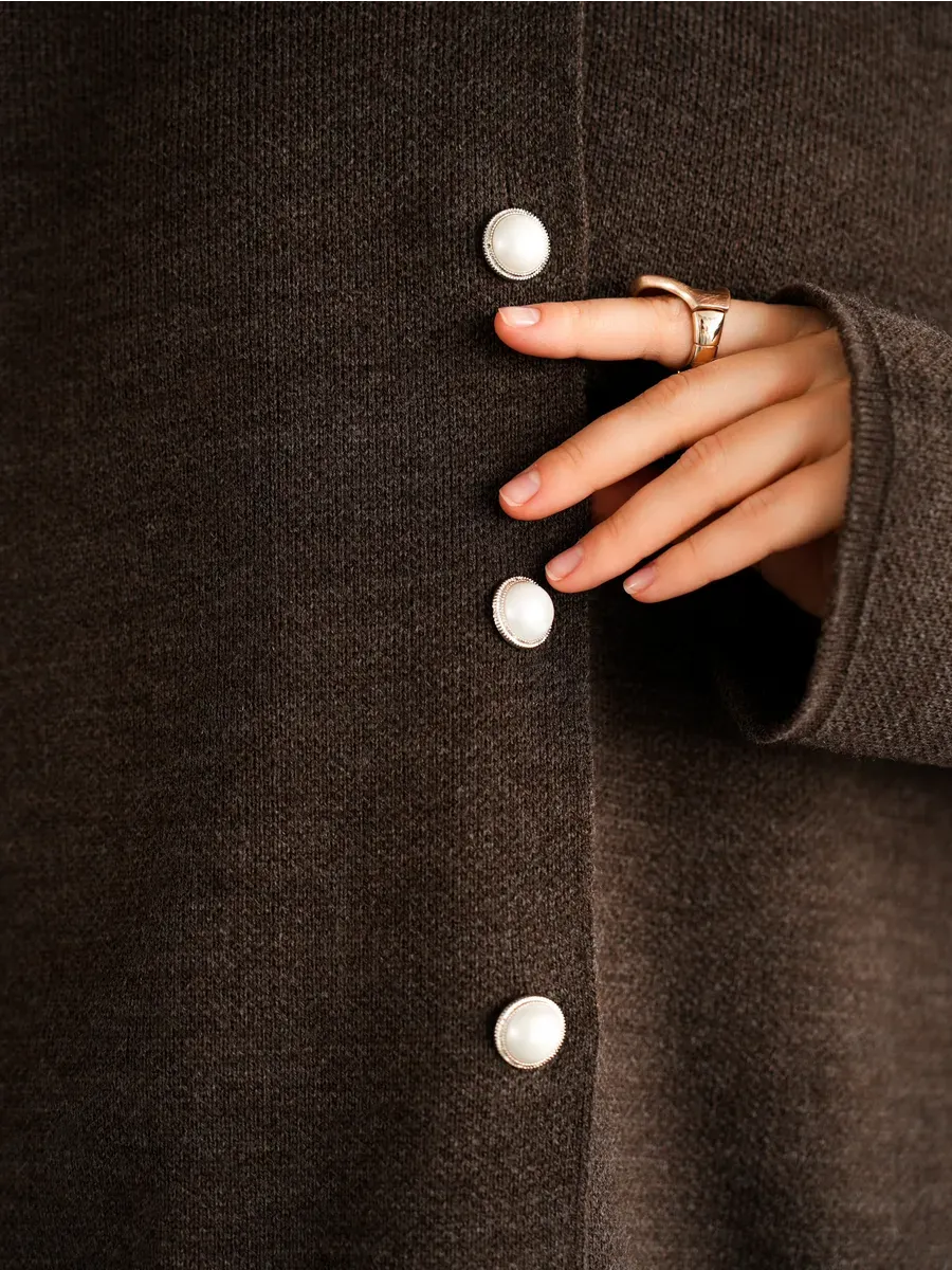 Cocoa Cardigan by Lauven featuring warm brown knitwear with button closure and stylish cropped silhouette.