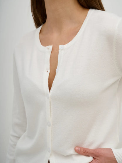 Selene Cardigan by Lauven, elegant white knitwear with button closure, showcasing a soft and lightweight design.