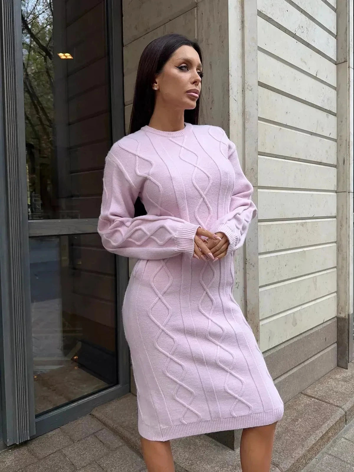 Luna Midi Dress by Lauven in soft pink textured knit, offering elegance and comfort for versatile wear.