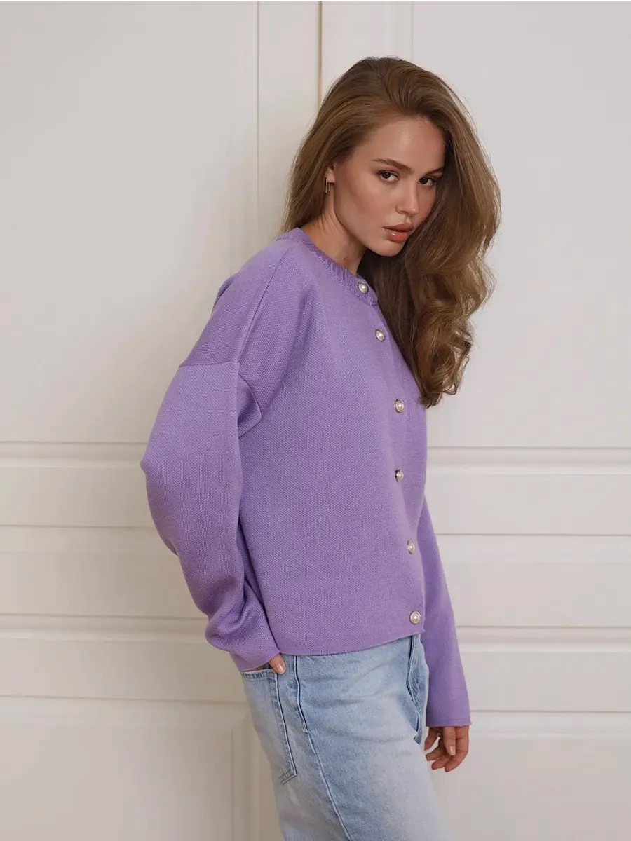 Lilac Cardigan by Lauven, a cozy purple knitwear piece featuring button closure and chic cropped silhouette.