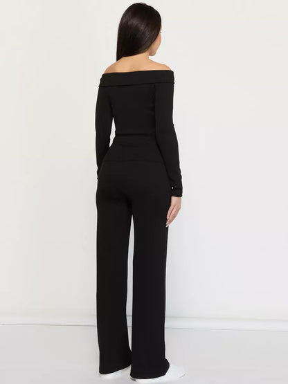 Onyx Two-Piece Set by Lauven, featuring off-shoulder ribbed women’s suit in black from the back view.