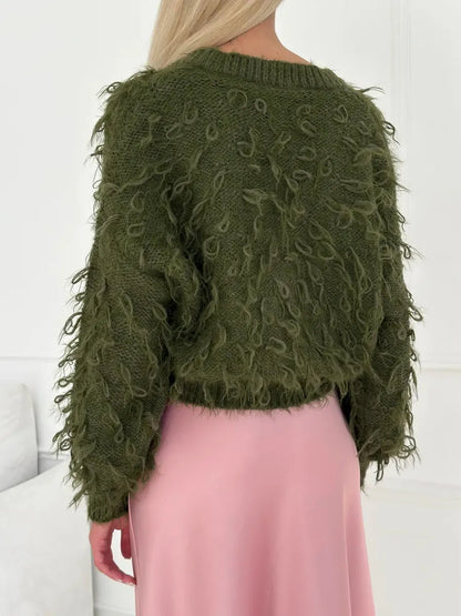 Olive Cardigan by Lauven featuring feathered fringe detail in khaki bouclé knit, perfect for cozy styling.