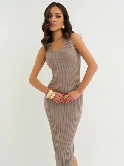 Mocha Midi Dress by Lauven, showcasing ribbed knit elegance in cappuccino with flattering V-neckline.