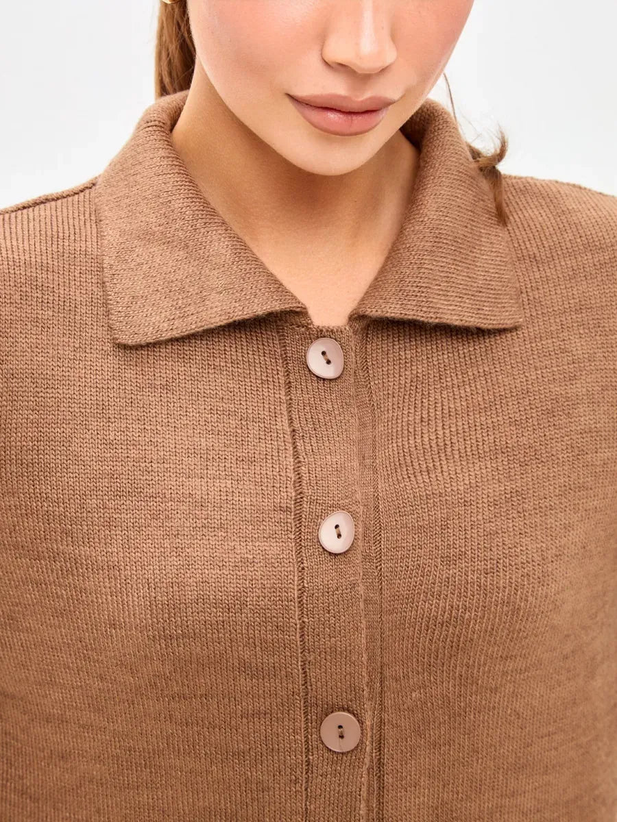 Close-up of the Marin Cardigan by Lauven, featuring a lightweight brown wool blend knit with button closure.