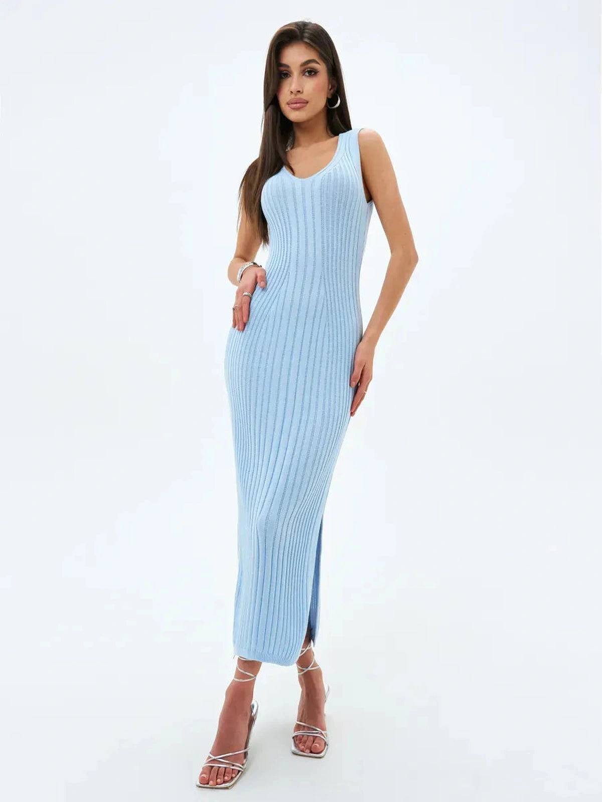 Celeste Midi Dress by Lauven in soft blue ribbed knit, featuring a V-neckline and side slits, showcasing effortless elegance.