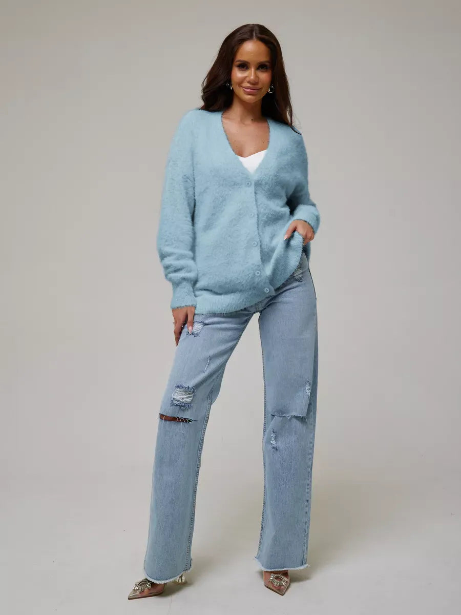 Skyler Cardigan by Lauven - Soft Blue Oversized Knitwear with Button Closure, styled with high-waisted jeans.