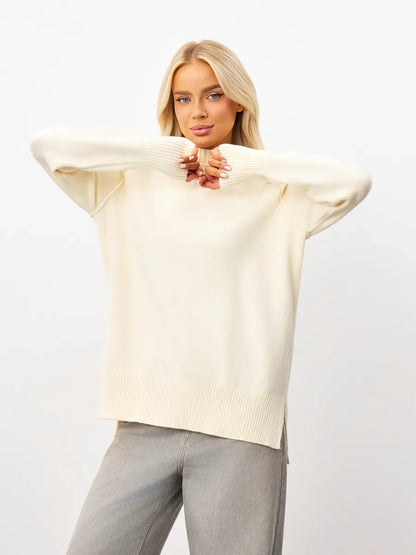 Liora Sweater by Lauven - Oversized milk white cashmere knitwear with high neck for a luxurious fit.