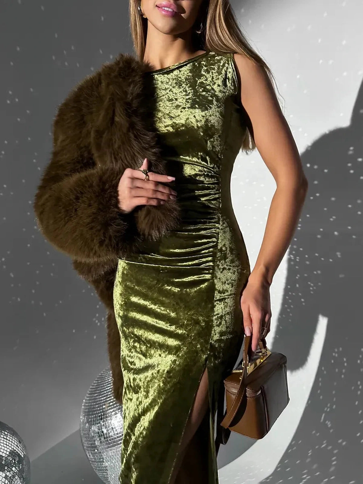 Olivia Maxi Dress by Lauven in elegant olive velvet featuring a high slit and sophisticated silhouette.