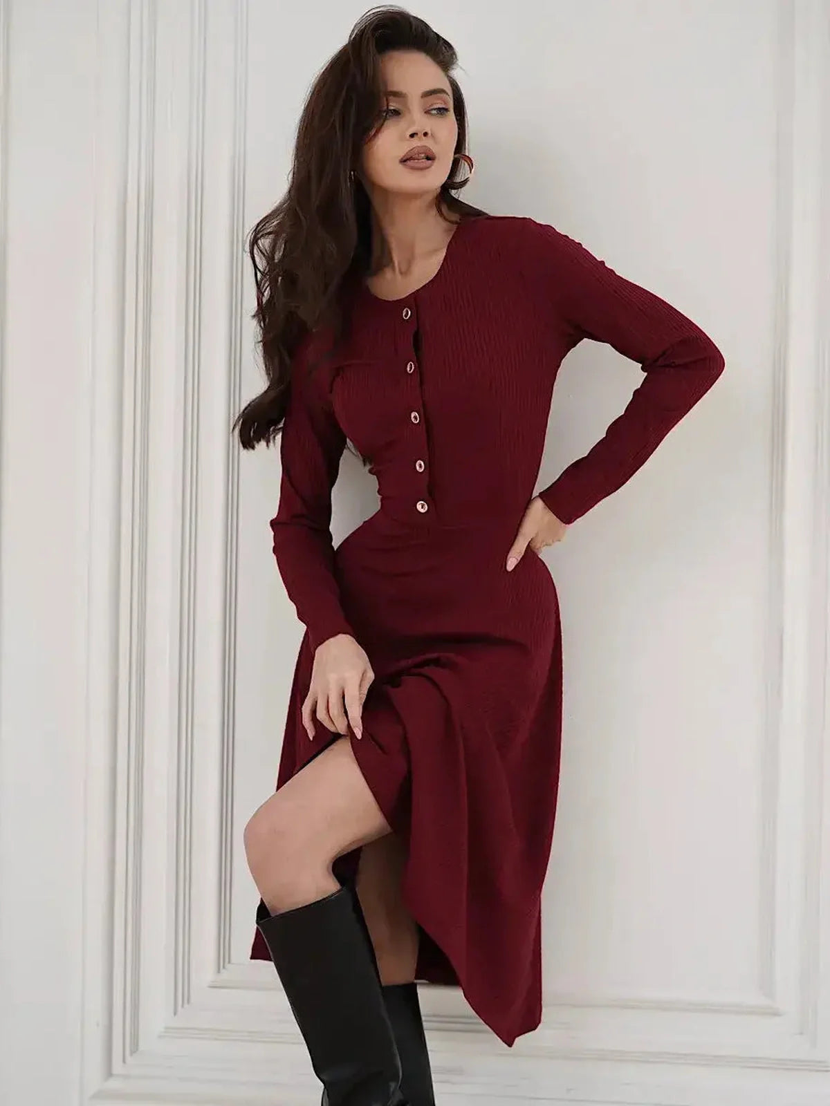 Crimson Grace Midi Dress in burgundy with gold buttons, long sleeves, and ribbed texture, styled elegantly.