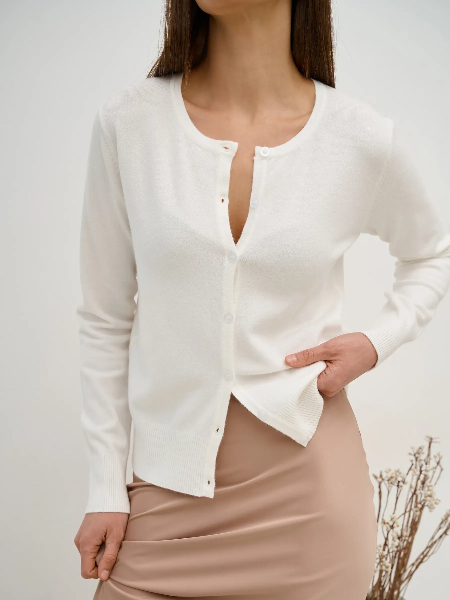 Selene Cardigan by Lauven - Elegant white knitwear with button closure, perfect for layering.