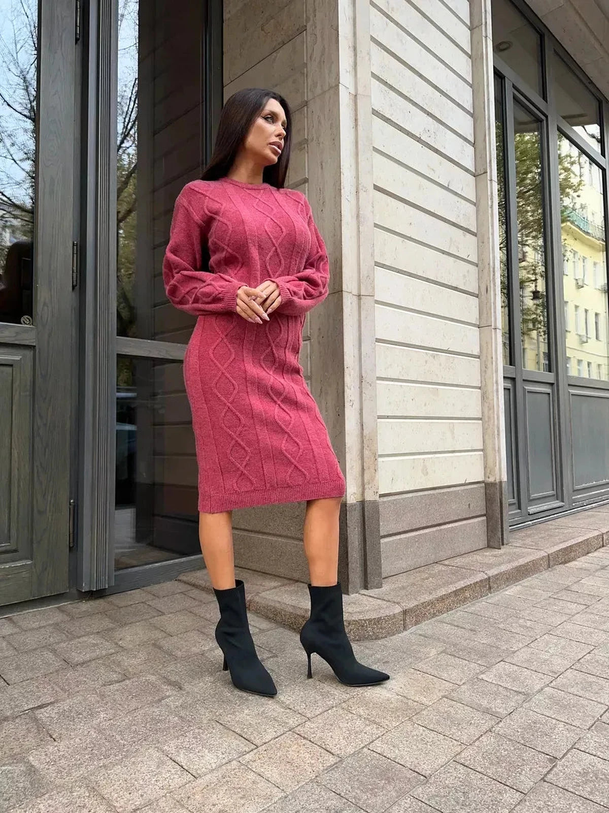 Berry Midi Dress by Lauven – Elegant textured knit sweater dress in rich berry, perfect for any occasion.