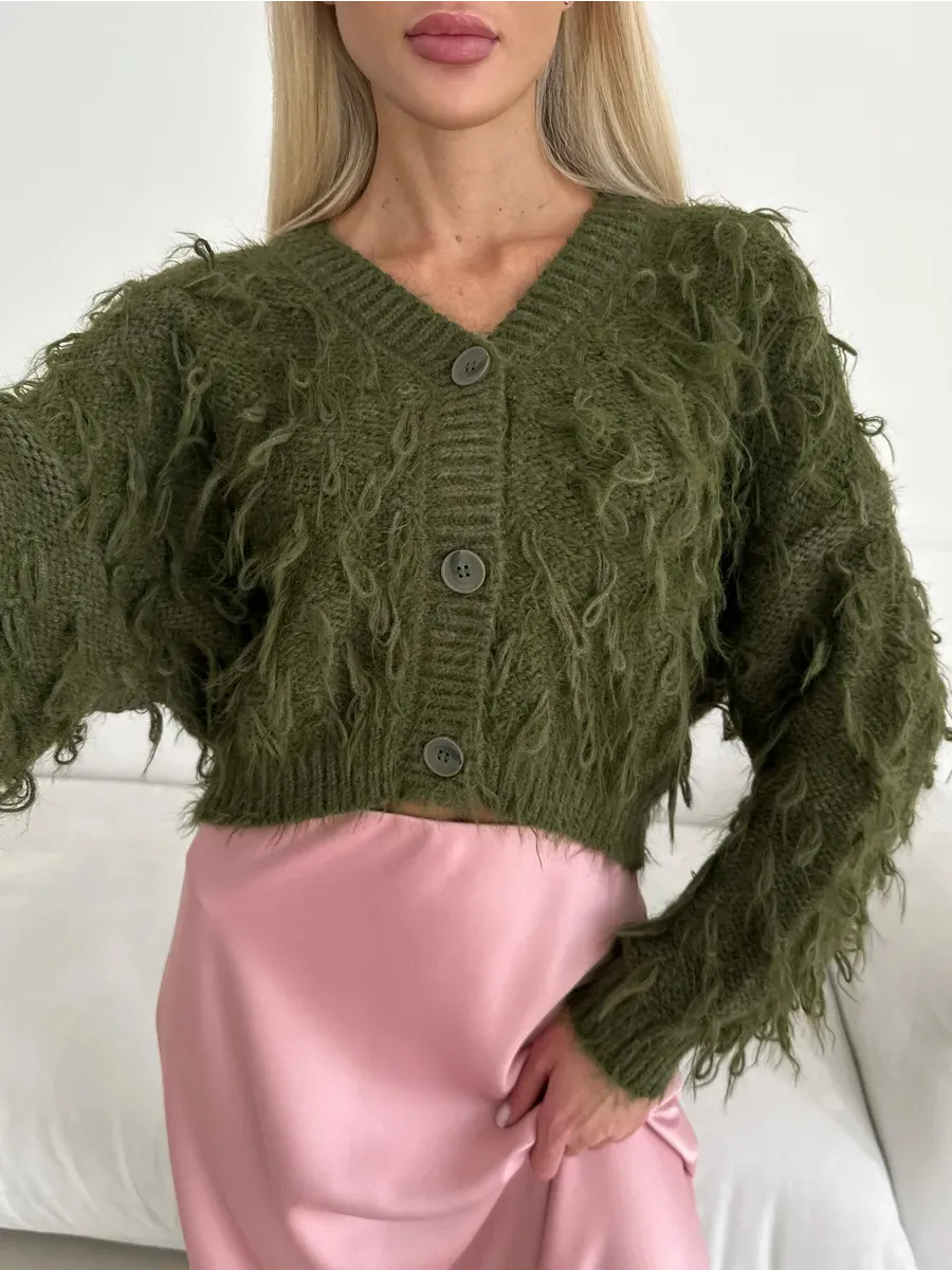 Olive Cardigan by Lauven featuring cropped oversized khaki bouclé knit with feathered fringe detailing.