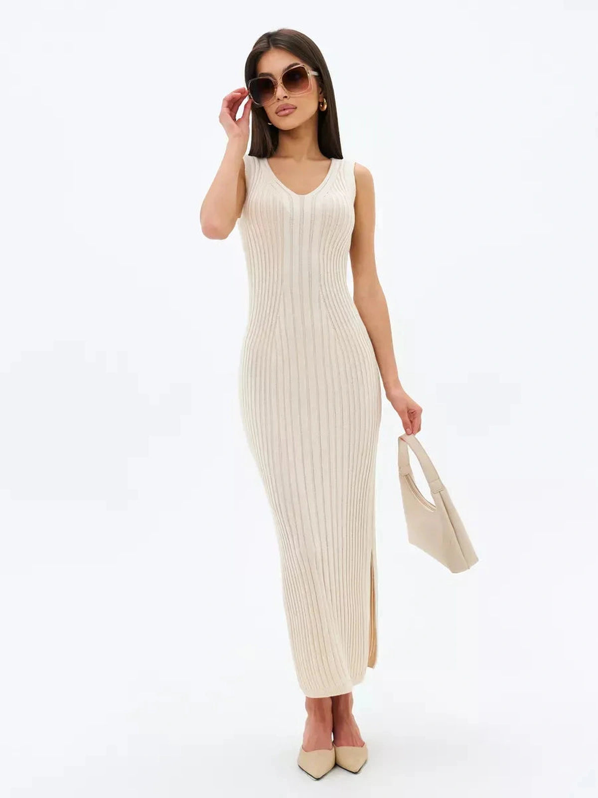 Evelyn Midi Dress by Lauven in cream with ribbed knit design, showcasing elegance and comfort for modern women.