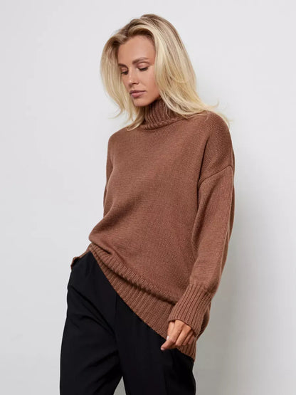 Maple Sweater by Lauven — Oversized cocoa brown wool knit with high turtleneck, perfect for cozy comfort.