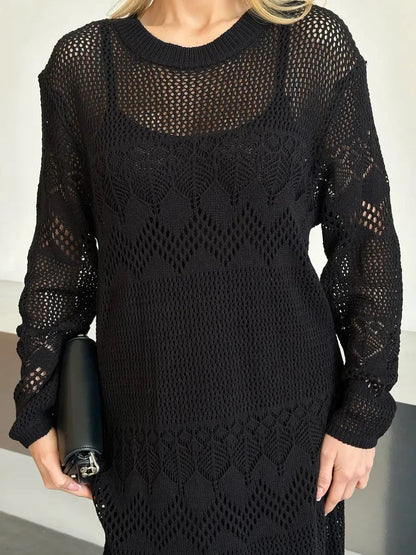Lunara Maxi Dress by Lauven, showcasing black crochet knit design, perfect for elegant summer evenings.