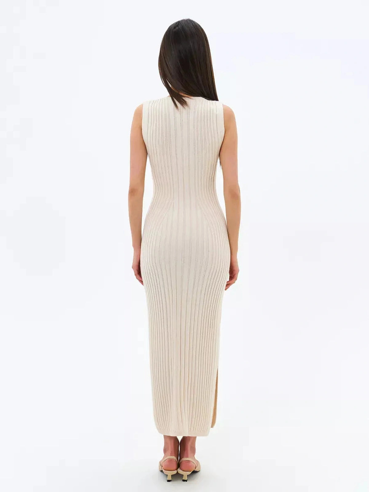 Evelyn Midi Dress by Lauven, showcasing a ribbed knit design in cream from the back.