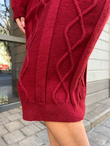 Crimson Midi Dress by Lauven showcasing a textured knit detail in burgundy, perfect for autumn and winter.
