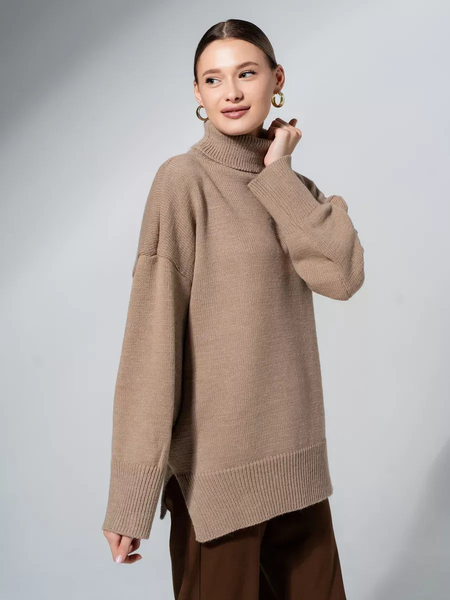 Capri Sweater by Lauven - Oversized knitwear in warm cappuccino shade with turtleneck collar for effortless elegance.