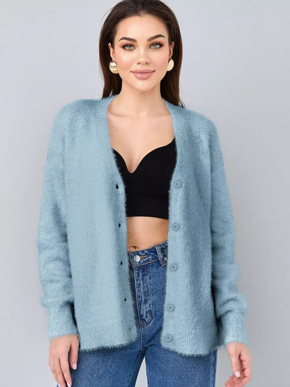 Skyler Cardigan by Lauven, soft blue oversized knitwear with button closure, perfect for layering in cooler weather.