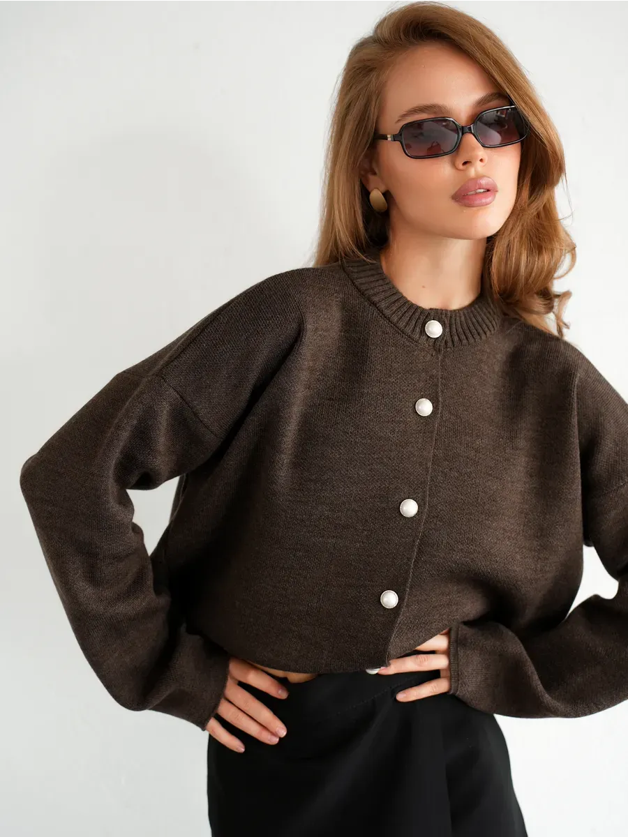 Cocoa Cardigan by Lauven featuring warm brown knitwear with button closure and a chic cropped silhouette.
