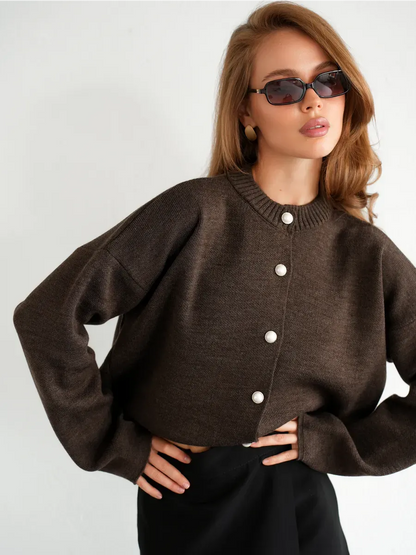 Cocoa Cardigan by Lauven featuring warm brown knitwear with button closure and a chic cropped silhouette.