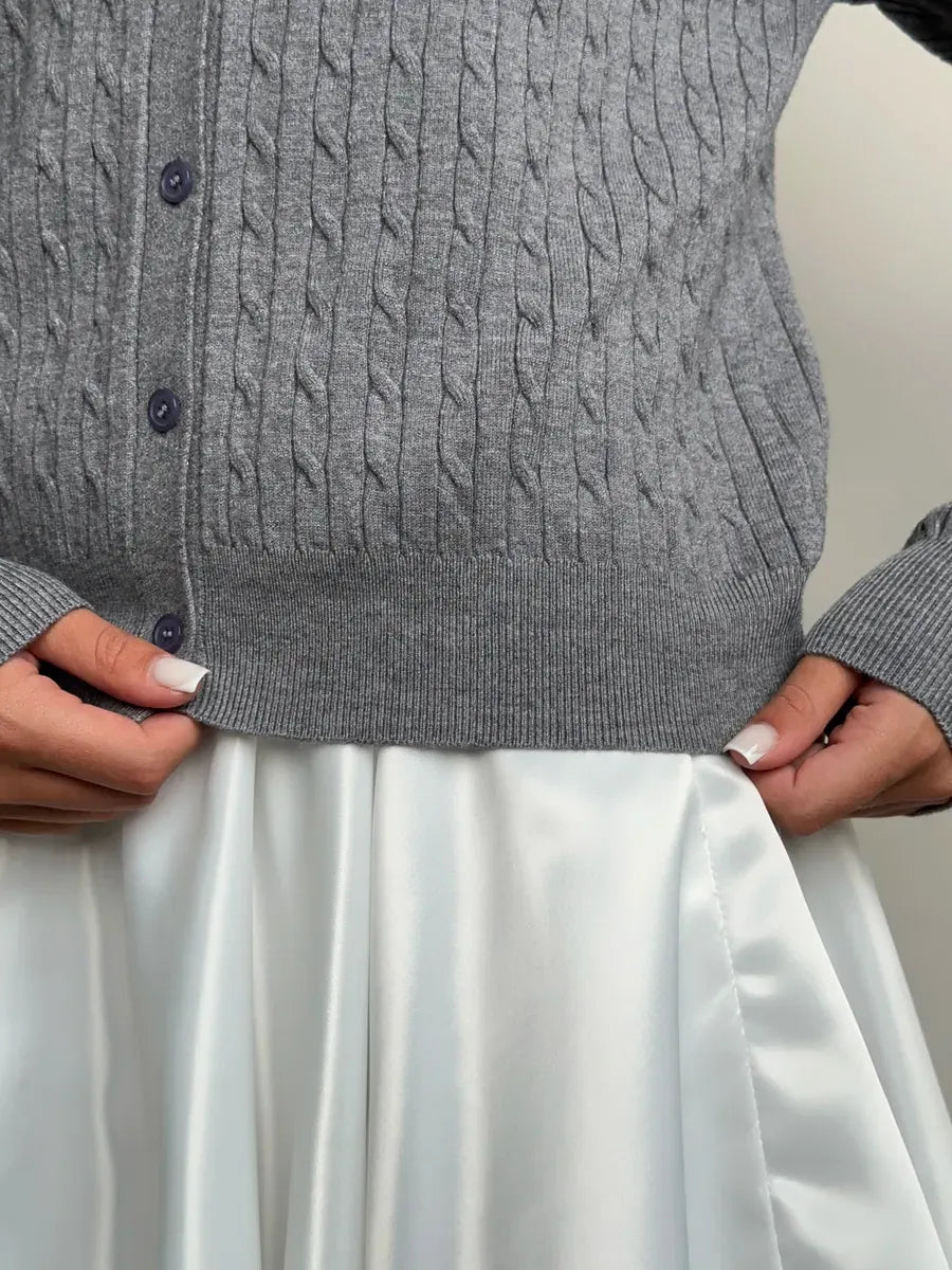 Sterling Cardigan by Lauven, featuring lightweight grey viscose blend knitwear with cable knit detail.