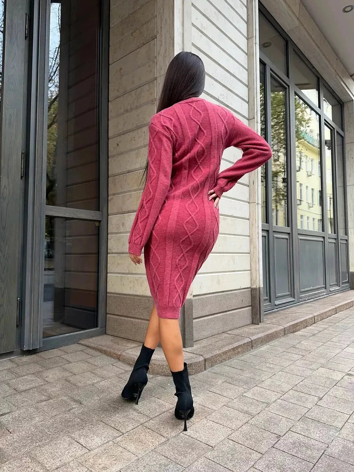 Berry Midi Dress by Lauven in rich berry color, showcasing elegant textured knit design from a back view.