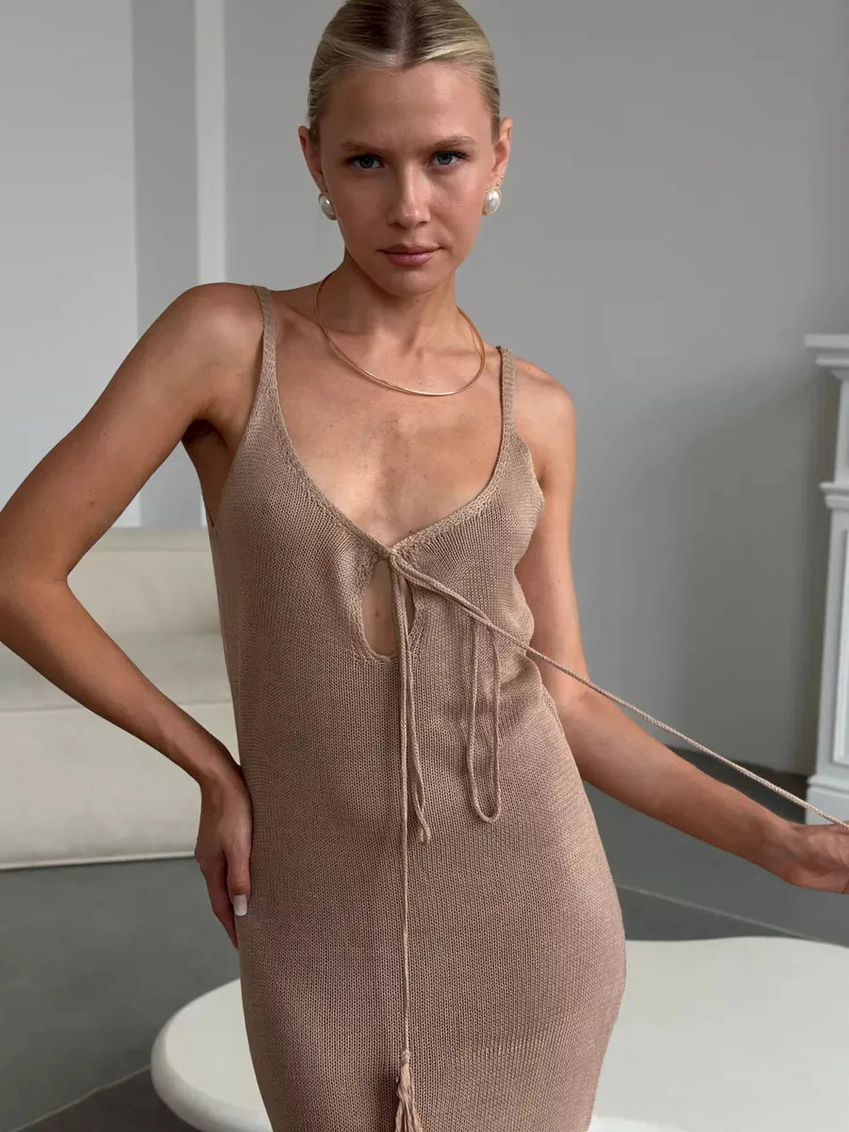 Calysta Maxi Dress by Lauven, featuring soft knit texture and elegant side-slit design in refined beige tone.