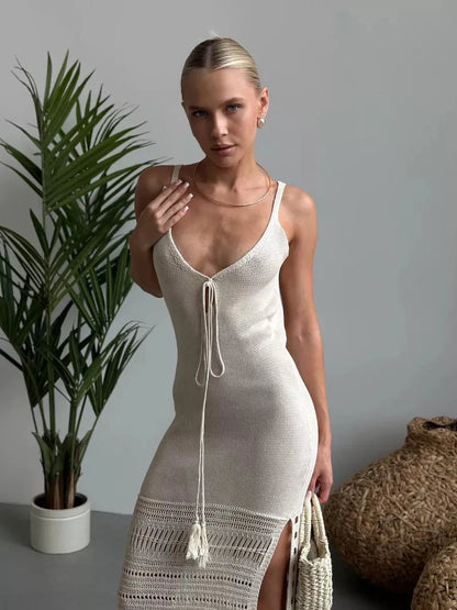 Lunara Maxi Dress by Lauven, featuring a soft knit texture and openwork hem for elegant summer style.