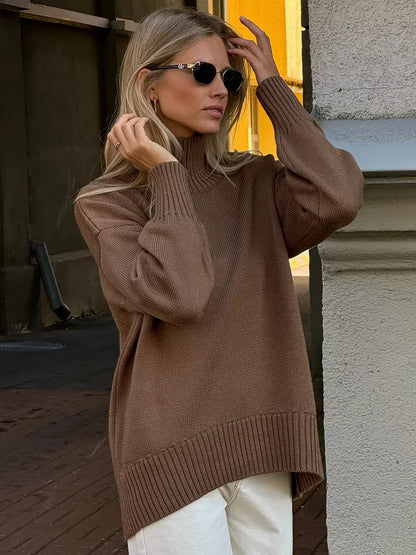 Maple Sweater by Lauven - Oversized wool knit in cocoa brown with high turtleneck style for women.