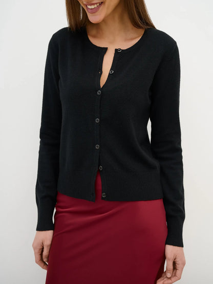 Orion Cardigan by Lauven – Sleek black knitwear with button closure for year-round comfort and style.