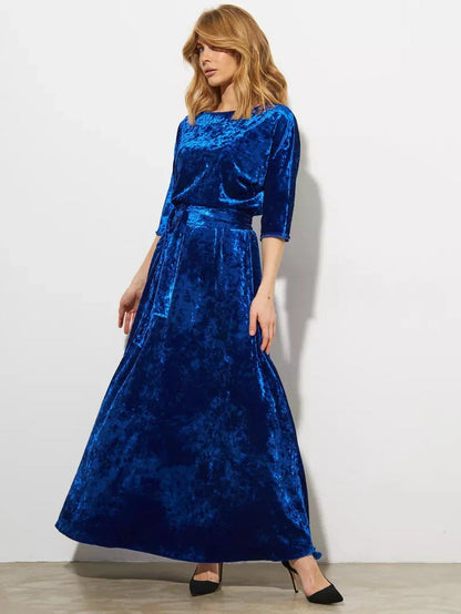Celestia Maxi Dress by Lauven, a stunning sapphire velvet gown with elegant A-line silhouette.