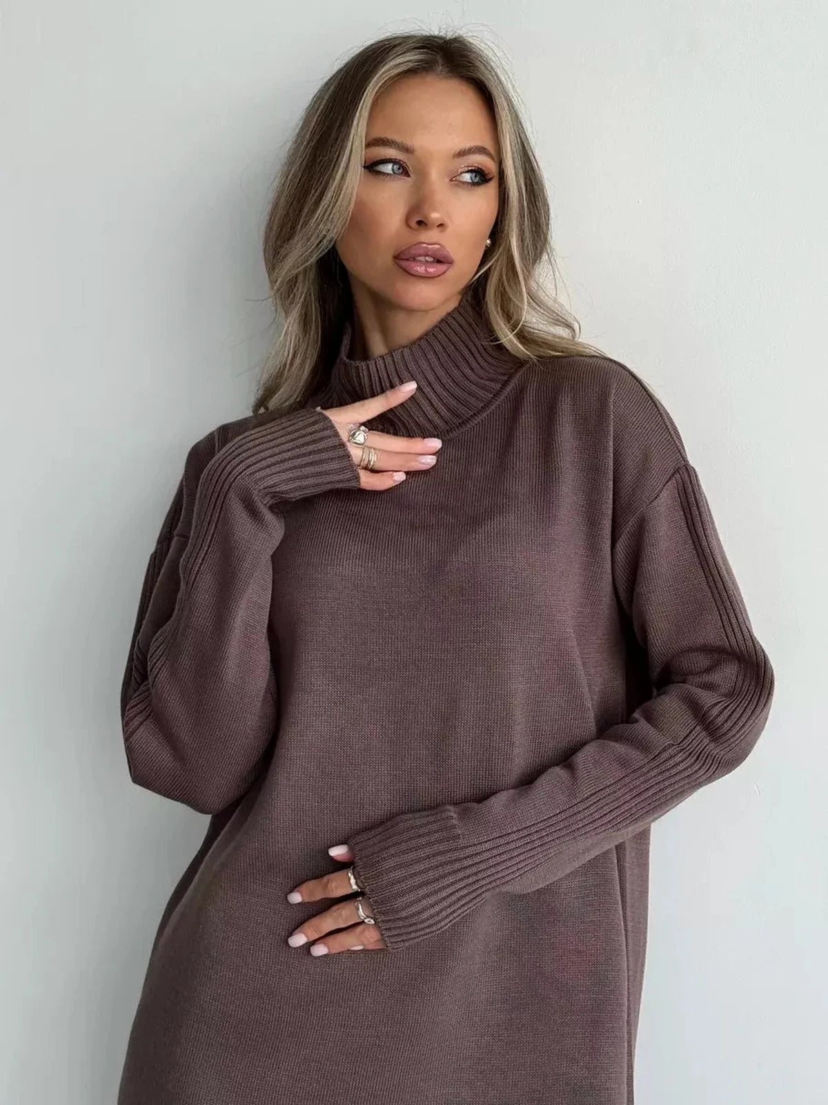 Elegant model wearing the Lauven Noirra Midi Dress in cocoa brown with a high-neck design.