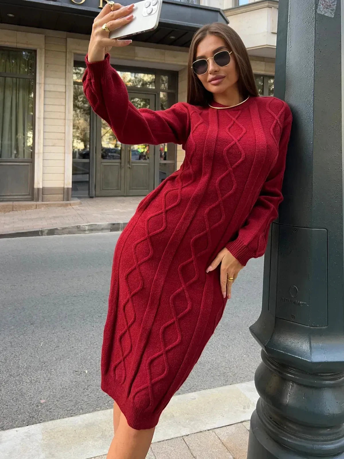 Crimson Midi Dress by Lauven, showcasing a classic textured knit design in burgundy, perfect for autumn and winter styles.