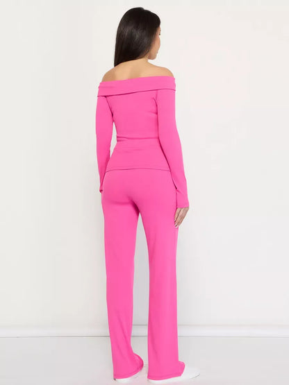 Fuchsia Two-Piece Set by Lauven, featuring an off-shoulder ribbed top and slim-fit pants, vibrant pink design.