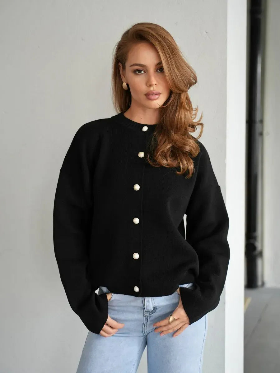 Obsidian Cardigan by Lauven - Warm black knitwear with button closure, perfect for school and office wear.