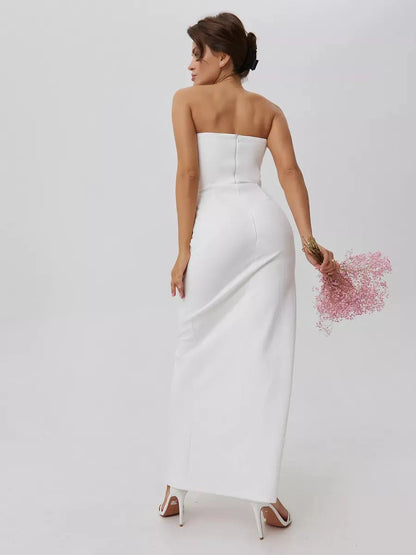 Lunaria Maxi Dress by Lauven, showcasing minimalist elegance with a sculpted fit and back view.