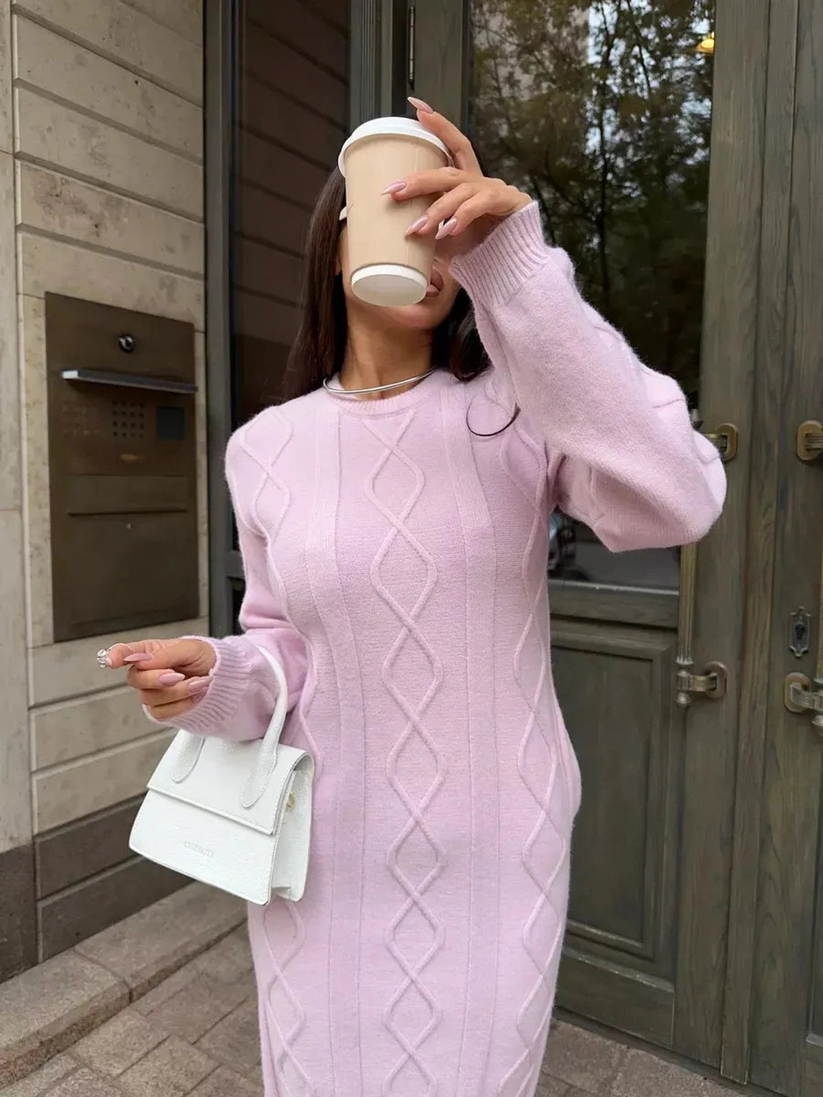 Luna Midi Dress by Lauven in soft pink, textured knit sweater dress, showcasing elegance and comfort.