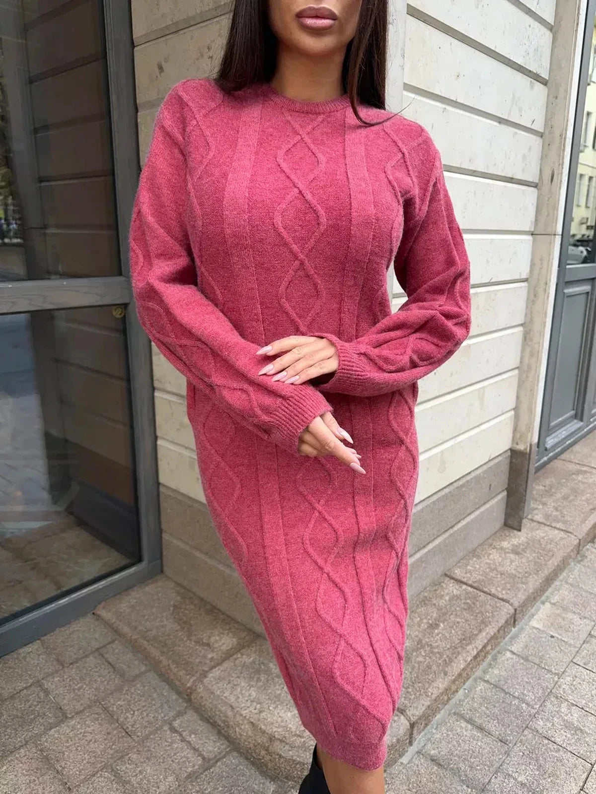 Berry Midi Dress by Lauven - Elegant textured knit dress in rich berry, perfect for day or evening wear.