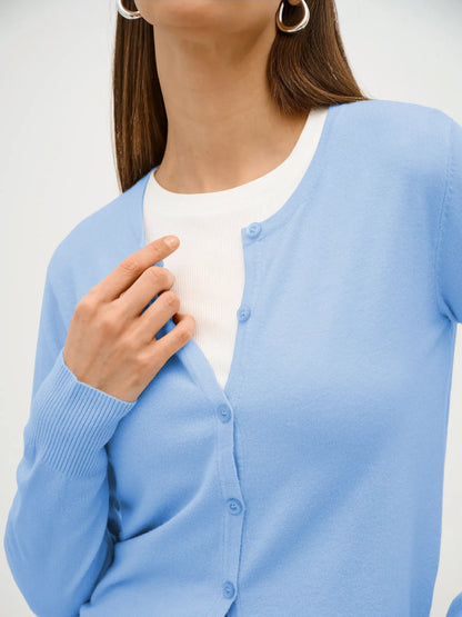 Celeste Cardigan by Lauven, featuring lightweight blue knitwear with button closure, ideal for layered looks.