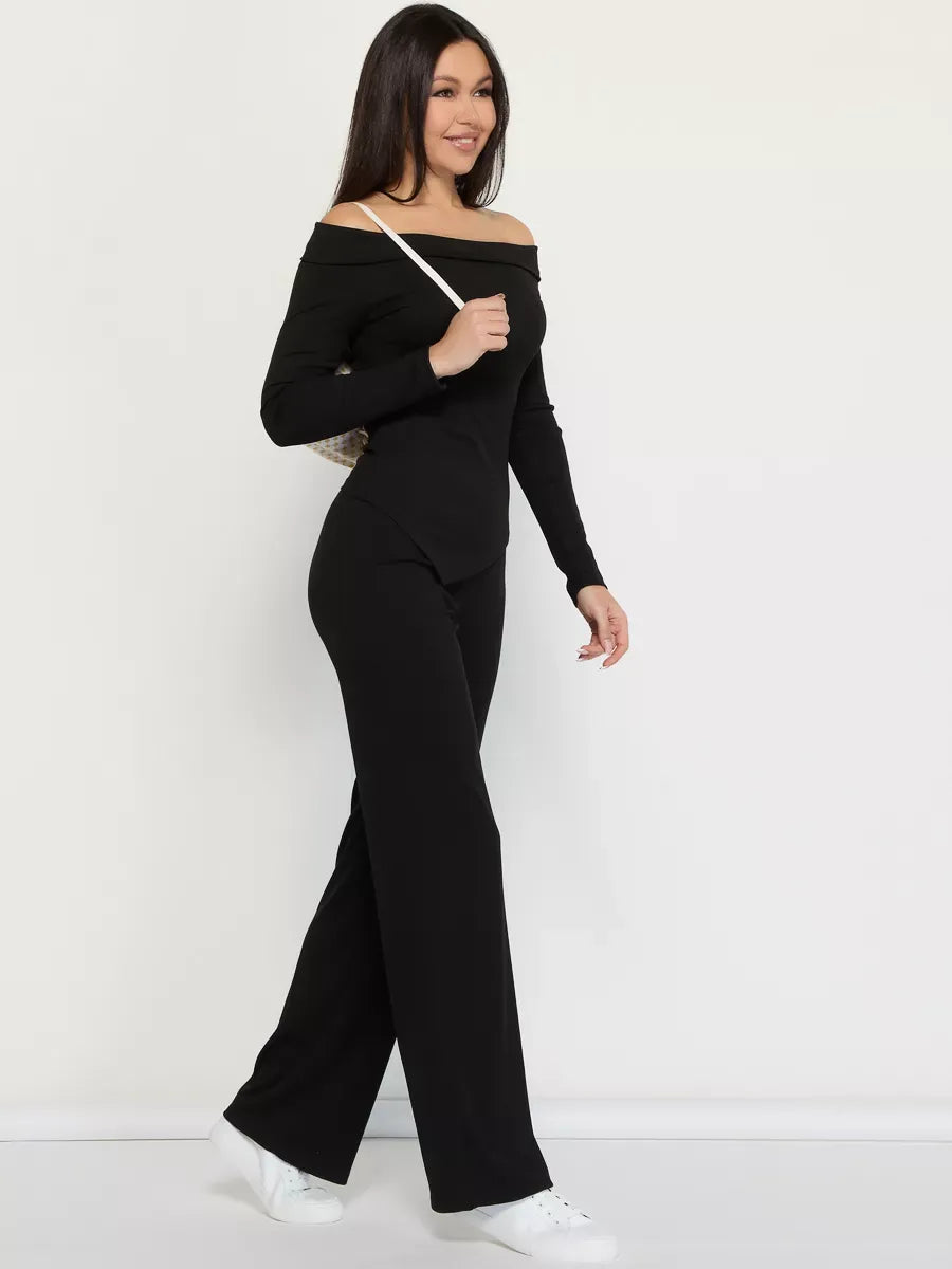 Onyx Two-Piece Set by Lauven, showcasing a stylish off-shoulder ribbed women's suit in black, perfect for modern elegance.