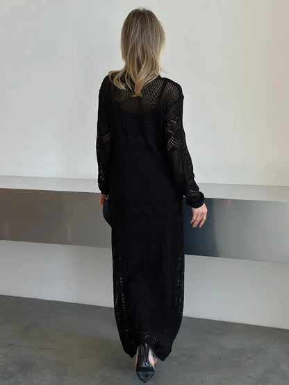 Lunara Maxi Dress by Lauven showcasing elegant black crochet knit from the back view.