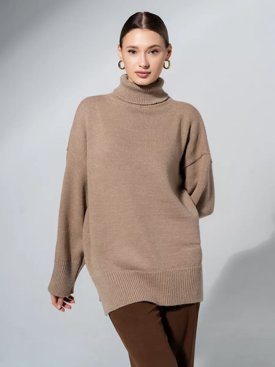 Capri Sweater by Lauven in warm cappuccino, showcasing oversized knit with turtleneck for cozy elegance.
