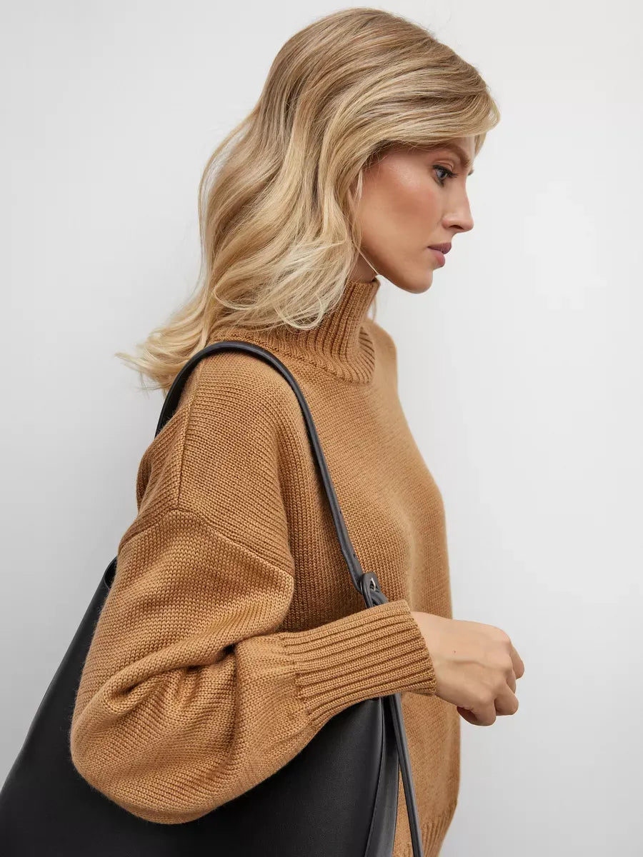 Marlo Sweater by Lauven - Oversized women's knit in warm camel with asymmetric hem for a chic look.